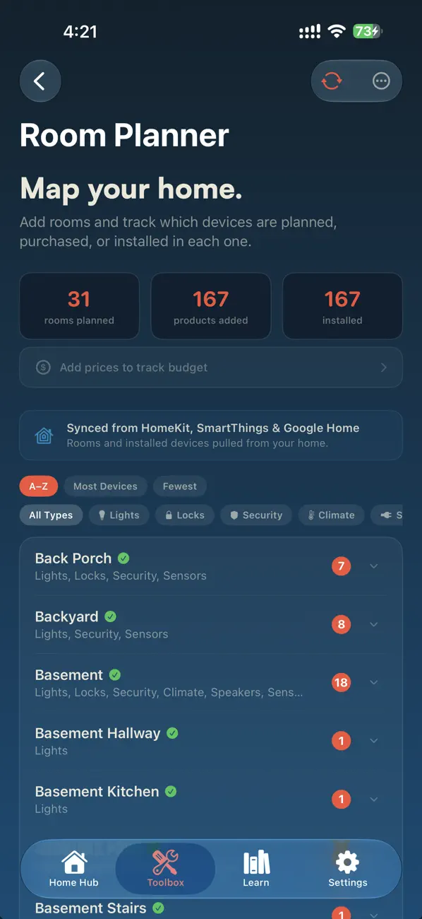 Room Planner screen mapping device coverage by room