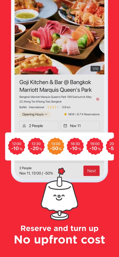 Eatigo - この画面では、ユーザーは「Goji Kitchen & Bar」のようなレストラン詳細を確認し、特定の時間帯に適用される「-50%」のような割引率付きの予約スロットを選択できます。