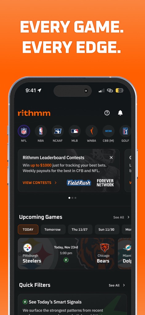 Rithmm: AI Sports Betting - Users can navigate the comprehensive dashboard to explore 'Rithmm Leaderboard Contests' and review 'Upcoming Games' across various sports leagues.