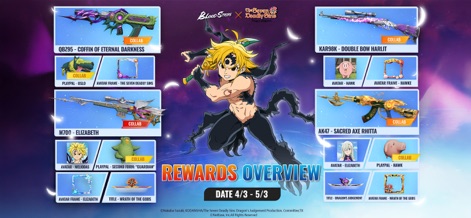 Blood Strike - FPS for all - This screen details the exclusive collaboration rewards, featuring unique weapon skins like the 'QBZ95 - Coffin of Eternal Darkness' and various 'Seven Deadly Sins' themed avatar frames.