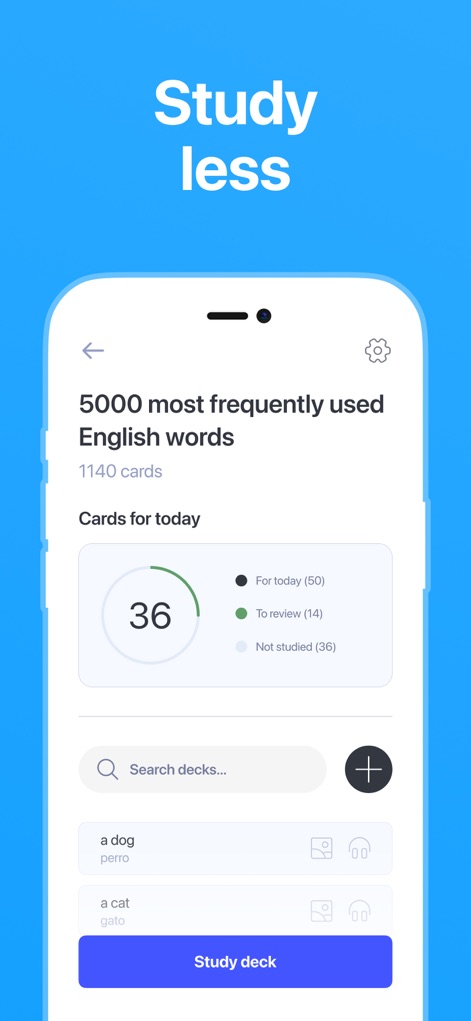 Cogni: Flashcards Learning - Los usuarios pueden monitorear su progreso de aprendizaje con estadísticas detalladas, como el resumen de "Cards for today" que indica 36 tarjetas pendientes. Además, la pantalla permite una fácil navegación a través de un listado de tarjetas individuales, como "a dog - perro", facilitando la gestión de los mazos de estudio.