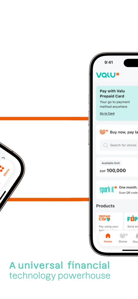 Valu - This screen highlights the 'Pay with Valu Prepaid Card' option and an easily visible 'Available limit' for immediate financial insight.