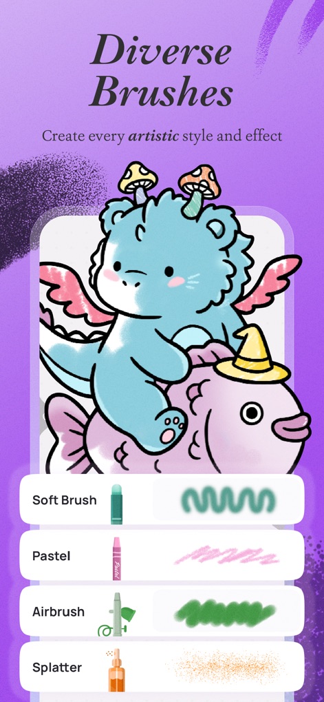 Artsy Artasy - Adult Coloring - Esta ferramenta de colorir apresenta uma gama de pincéis, incluindo o 'Soft Brush' para sombreamentos suaves e o 'Splatter' para efeitos texturizados, permitindo versatilidade artística.