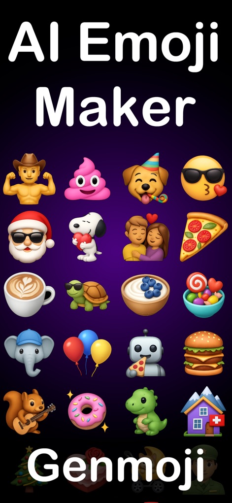 Genmoji: AI Emoji Maker - Mix - This introductory screen highlights the app's core purpose by showcasing a vast array of unique AI-generated emojis and prominent app branding.