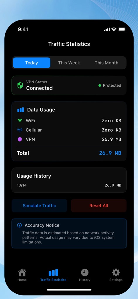 VPN Fly 2026 - Users can gain insights into their network activity through the detailed 'Data Usage' breakdown and review their extensive 'Usage History' for comprehensive monitoring.