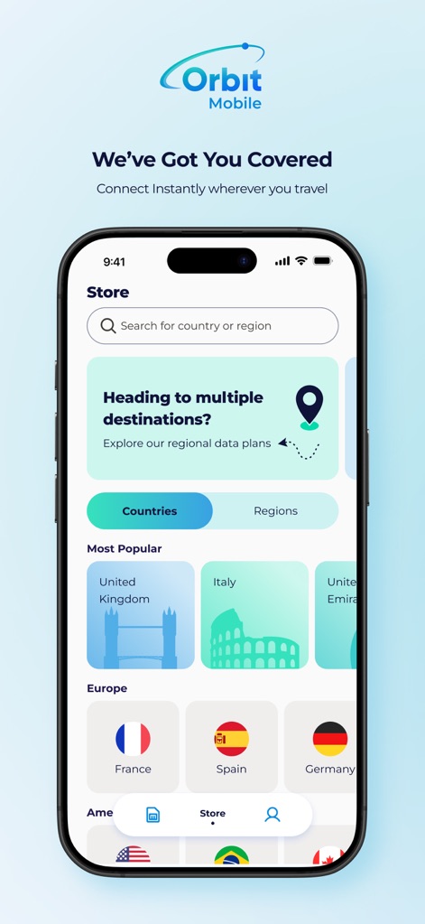 Orbit Mobile: Travel eSIM - Users can effortlessly search for data plans by country or region using the dedicated search bar and browse visually appealing country cards.