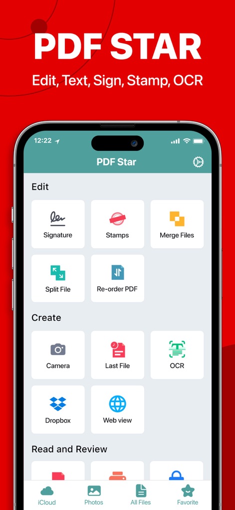 PDF Reader - PDF Editor - Explore the app's central hub, showcasing essential functions like the Signature tool and the convenient OCR option for text extraction.