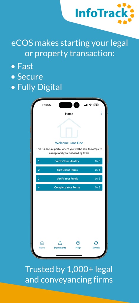 eCOS Legal - 이 앱은 법률 절차 온보딩을 위한 대시보드를 제공하여, 사용자에게 개인화된 환영 메시지를 보여주고 '신원 확인' 및 '고객 약관 서명'과 같은 각 작업의 진행 상황을 명확하게 표시합니다.