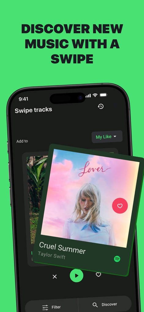 Music and Podcasts - Users can explore new tracks effortlessly using the "Swipe tracks" interface, providing quick options to like a song or discover new recommendations.