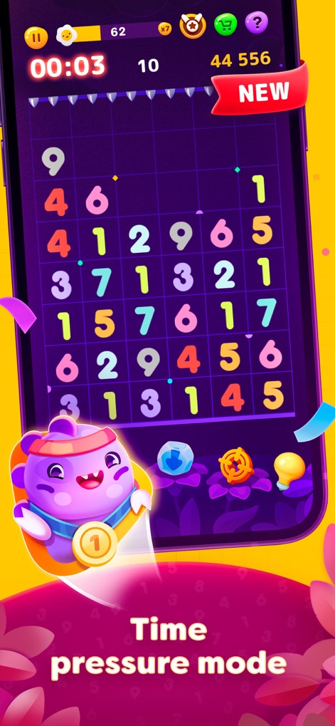 Numberzilla: Number Match Game - El modo de presión de tiempo desafía a los jugadores con un temporizador de cuenta regresiva y nuevos números cayendo, mientras un adorable personaje morado anima desde abajo.