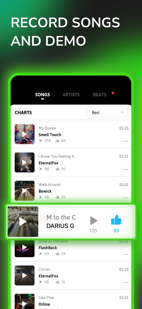 Self Rap - Fame Rapping Studio - Questa schermata illustra la sezione 'SONGS' dove gli utenti possono scoprire brani popolari, come dimostrano le statistiche di ascolto e i 'like' visibili, e interagire con le creazioni di altri artisti.