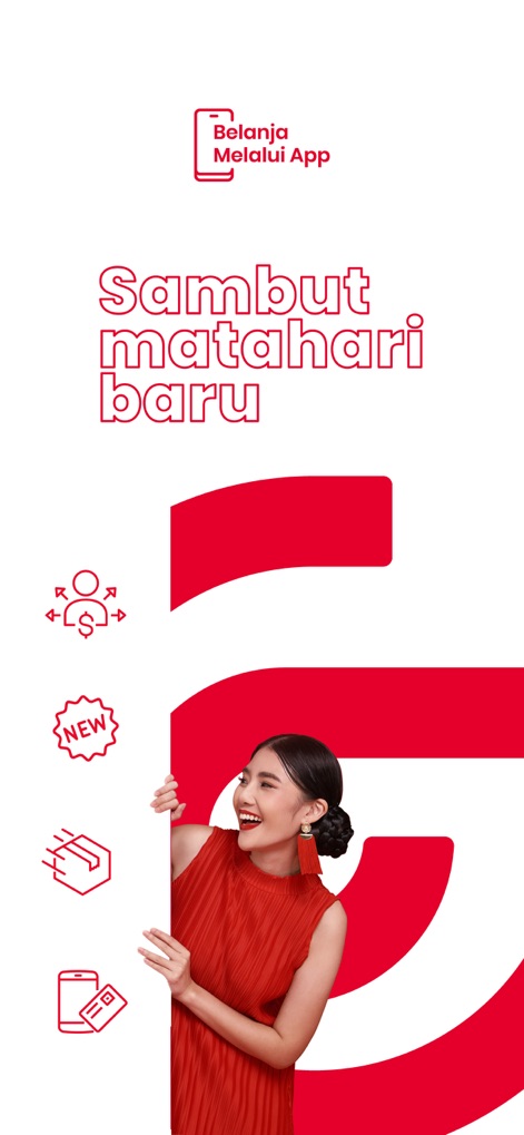 Matahari App - The app teases its comprehensive offerings through an engaging visual of a brand ambassador and a set of clear icons representing rewards and new products.