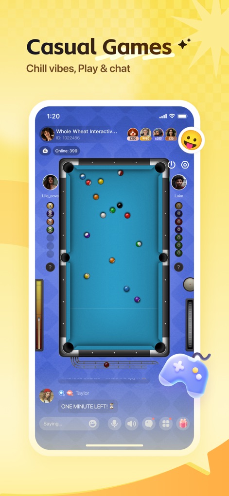 Wefun - Chat, Party and Game - 이 스크린샷은 통합된 음성 채팅 제어 기능과 함께 제공되는 멀티플레이어 포켓볼 게임 인터페이스를 보여주며, 사용자들에게 즐거운 상호 작용 기회를 제공합니다.