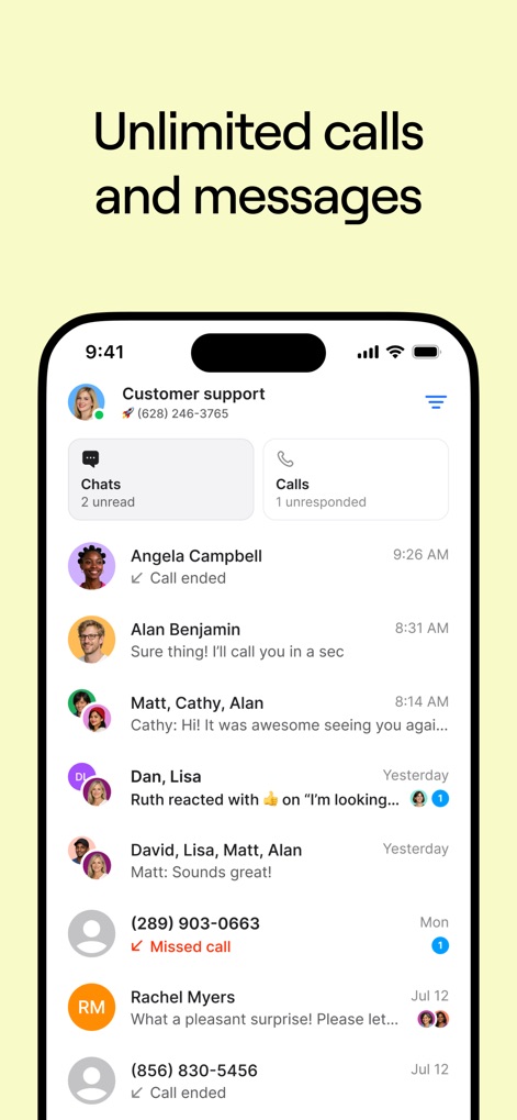 Quo (formerly OpenPhone) - Observe the consolidated view of active chats and unresponded calls, giving users immediate insight into pending customer interactions.