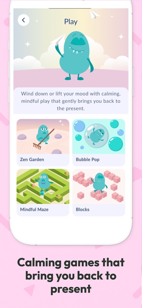 Rootd: Panic Attacks & Anxiety - A seção "Play" oferece mini-jogos como "Zen Garden" e "Bubble Pop", projetados para acalmar a mente e focar o usuário no presente de forma lúdica.