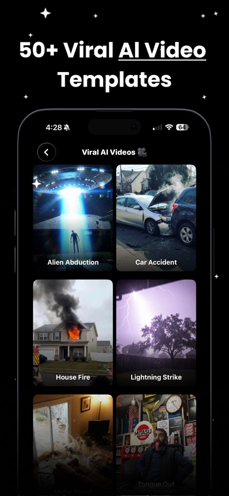 Menace: AI Photo Video Editor - Discover a diverse collection of over 50 viral AI video templates, enabling users to generate convincing clips such as 'Alien Abduction' and 'Lightning Strike'.