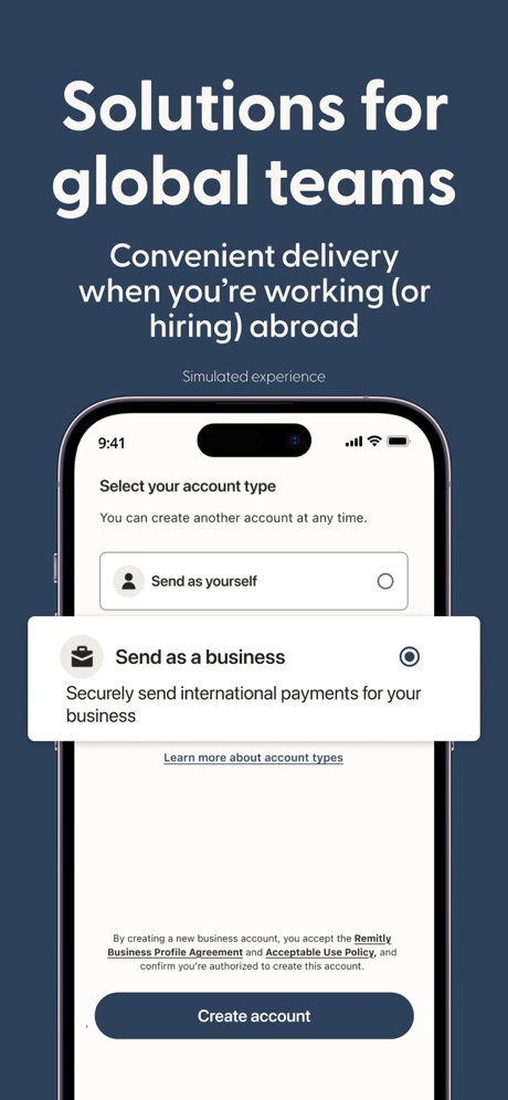 Remitly: Send money & transfer App Store screenshot 6, headline “Solutions for global teams”. High contrast words.