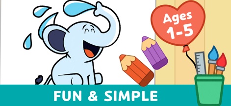 Kids Coloring Games & Drawing - Ein fröhlicher Elefant illustriert die ansprechenden Inhalte, die speziell für die Altersgruppe von 1 bis 5 Jahren konzipiert wurden.