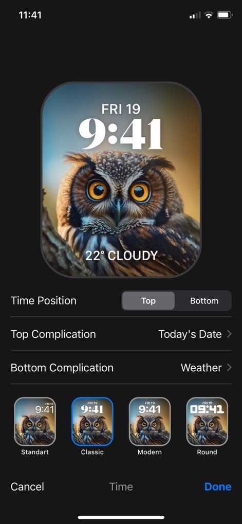 Watch Faces Gallery & Creator - Personalize watch faces by adjusting time position and selecting complications like 'Today's Date' or 'Weather', with various visual styles available.