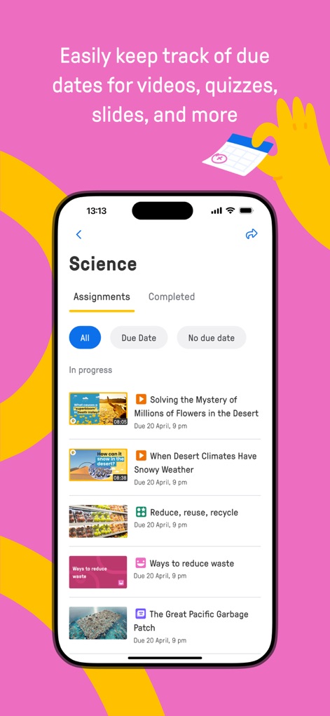Edpuzzle - Users can easily navigate between "Assignments" and "Completed" tabs, while filtering by "Due Date" ensures effective tracking of learning progress.