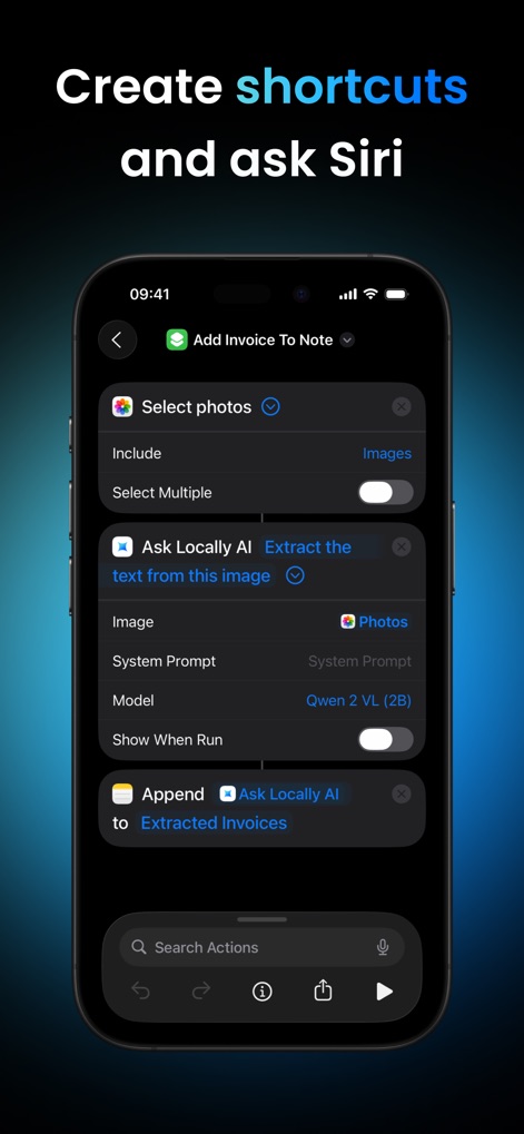 Locally AI - Local AI Chat - This visual demonstrates the app's deep integration with iOS, enabling users to create custom "Siri Shortcuts" to perform actions like "Extract the text from this image" using Locally AI.