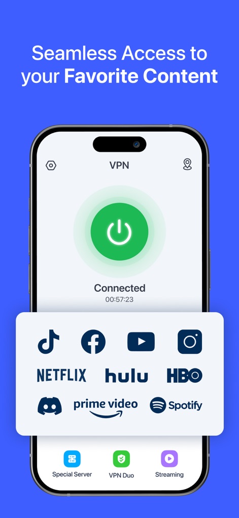 VPN for iPhone · - La aplicación asegura un acceso ininterrumpido a plataformas populares de streaming y redes sociales, con iconos de Netflix y TikTok visibles, permitiendo a los usuarios disfrutar de su contenido favorito.