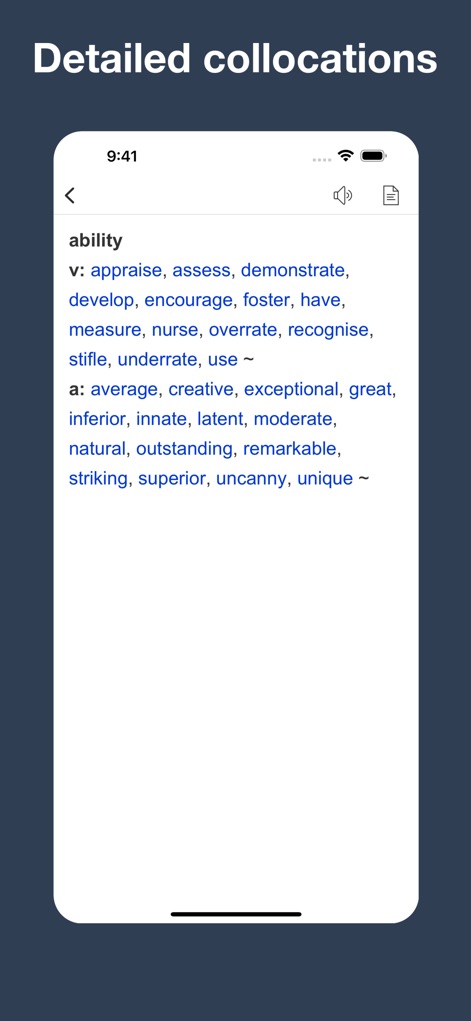 English Collocation Sentence - Découvrez les collocations détaillées pour chaque mot, où les utilisateurs peuvent explorer des groupes de mots par type, comme les verbes et les adjectifs associés.