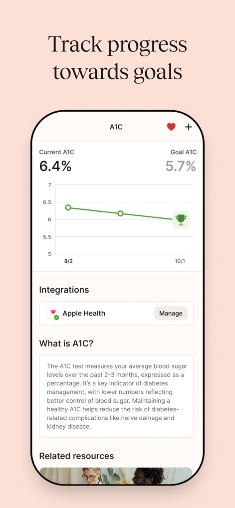 Nourish: Eating Well Made Easy - Los usuarios pueden monitorear su progreso hacia objetivos de salud, como la reducción del A1C de 6.4% a 5.7%, y beneficiarse de la integración con herramientas como Apple Health.