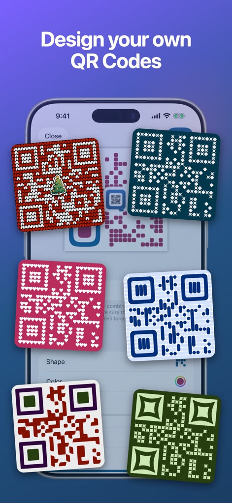 Qrafter: QR Code Reader - Witness the extensive customization options available, allowing users to design unique QR codes with custom colors and intricate patterns, including embedded logos.