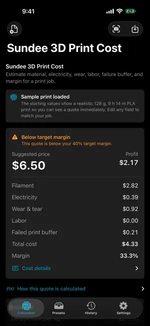 Sundee 3D Print Cost screenshot 1