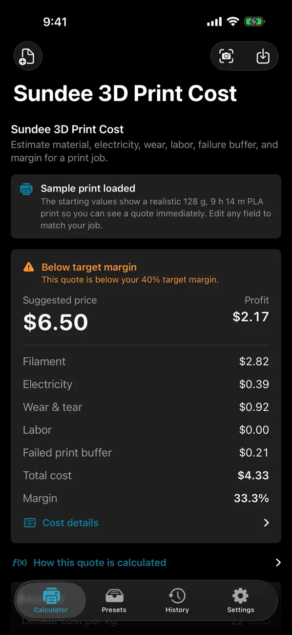 Screenshot #1 pour Sundee 3D Print Cost