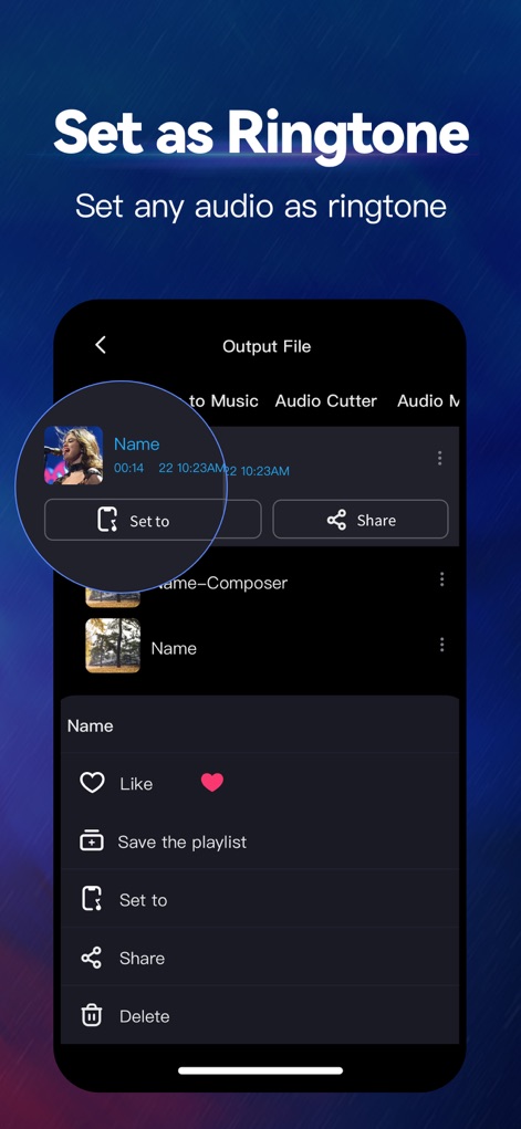 MP3 Converter - Audio Trimmer - After editing, users can easily manage their audio, with a clear "Set to" ringtone option and a convenient "Share" feature.