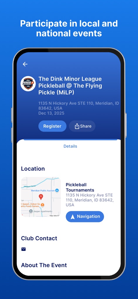 DUPR - Users can discover local and national pickleball events, viewing detailed information including location maps and a direct navigation option.