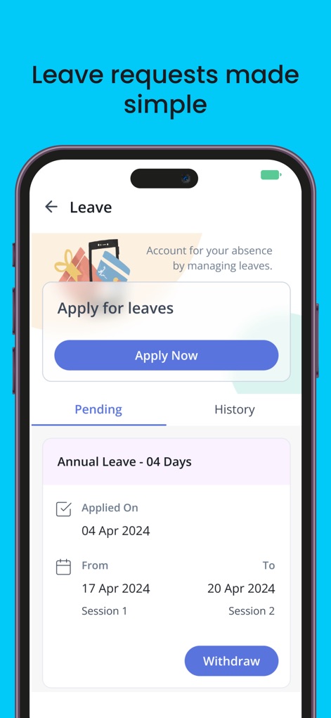 greytHR - the one-stop HR App - Users can efficiently manage leave applications, with a clear display of 'Pending' requests showing application dates and an option to 'Withdraw'.