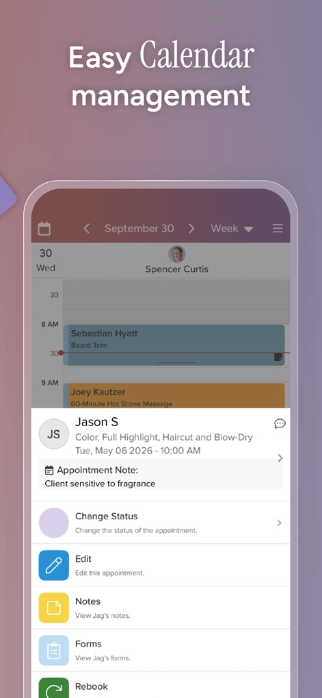 Vagaro Pro - Explore the app's comprehensive appointment details, including client 'Jason S' with services like 'Full Highlight' and options to view 'Appointment Note' and 'Change Status'.