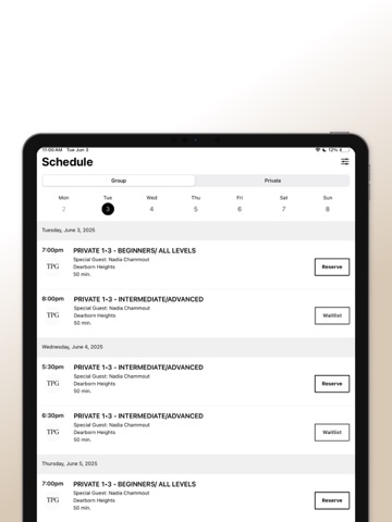 THE PILATES GARAGE. iPad screenshot