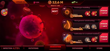 Patient Zero: Virus game - The app displays the core pathogen model for development and shows available upgrade options for 'Prototype modelling' and 'Viral genome constructing'.