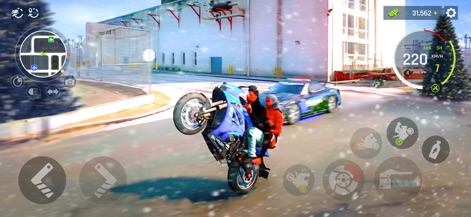 Real Moto Driving Racing World - Esta captura destaca la capacidad de realizar acrobacias de moto en entornos urbanos nevados, revelando el detalle de la moto con efectos de luz traseros, que capturan la emoción del juego.