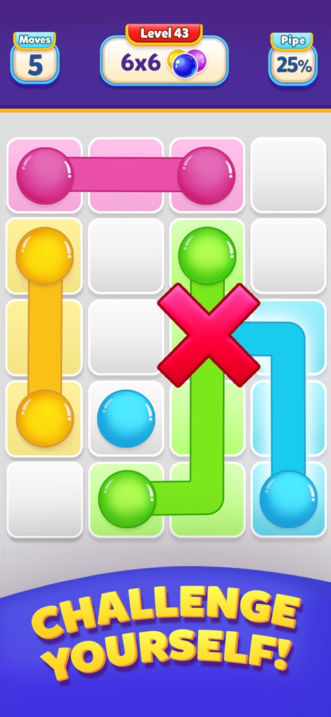 Ball Connect: Color Dot Puzzle - The app presents engaging challenges with multiple simultaneous color connections and clearly indicates intersecting paths with a red X.