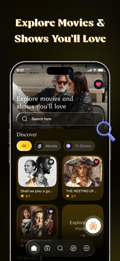 MovieBox Pro : Movie & TV Show - La aplicación presenta una pantalla de inicio organizada que facilita la búsqueda de contenido nuevo, con una barra de búsqueda visible y categorías diferenciadas para películas y programas de televisión.