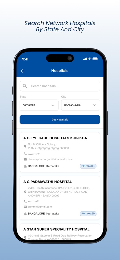 Norka Care Plus - Users can easily locate affiliated healthcare providers by searching for "State" and "City," and view detailed information including the hospital "address" and contact details.