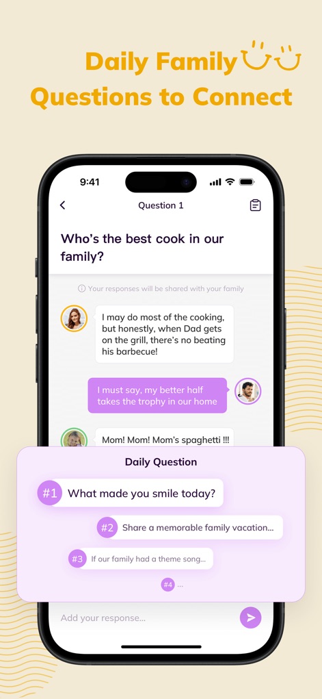 Cubbily:Shared Family Calendar - この機能は、「今日の質問」として家族の対話を促すプロンプトを提供し、家族メンバーがそれぞれの回答をチャット形式で共有できることで、コミュニケーションを深めます。