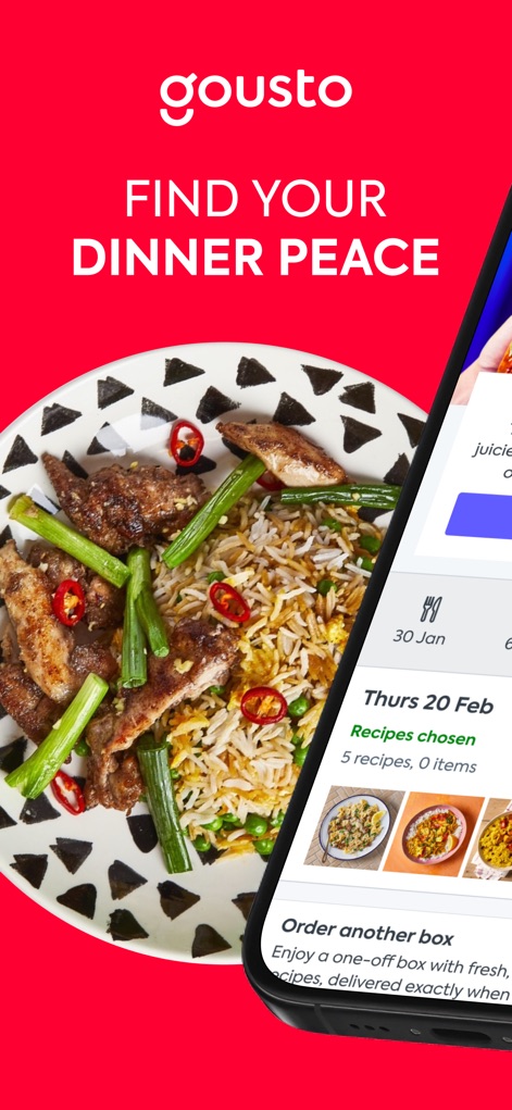 Gousto - Discover how the app helps users find dinner peace with its clear display of selected recipes and convenient delivery date overview.