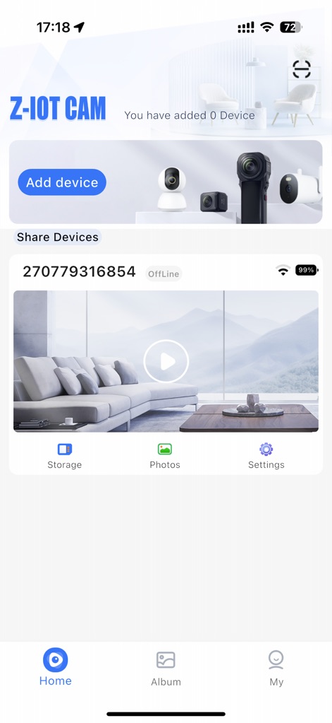 Z-IOT CAM - The app provides a centralized monitoring hub, allowing users to effortlessly add new devices and view the real-time status of their connected network cameras.