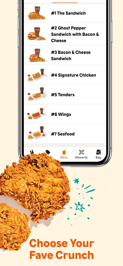 Popeyes® - The app presents a comprehensive menu, allowing users to browse popular items like "#1 The Sandwich" and "#4 Signature Chicken", conveniently accessible via the integrated navigation bar.