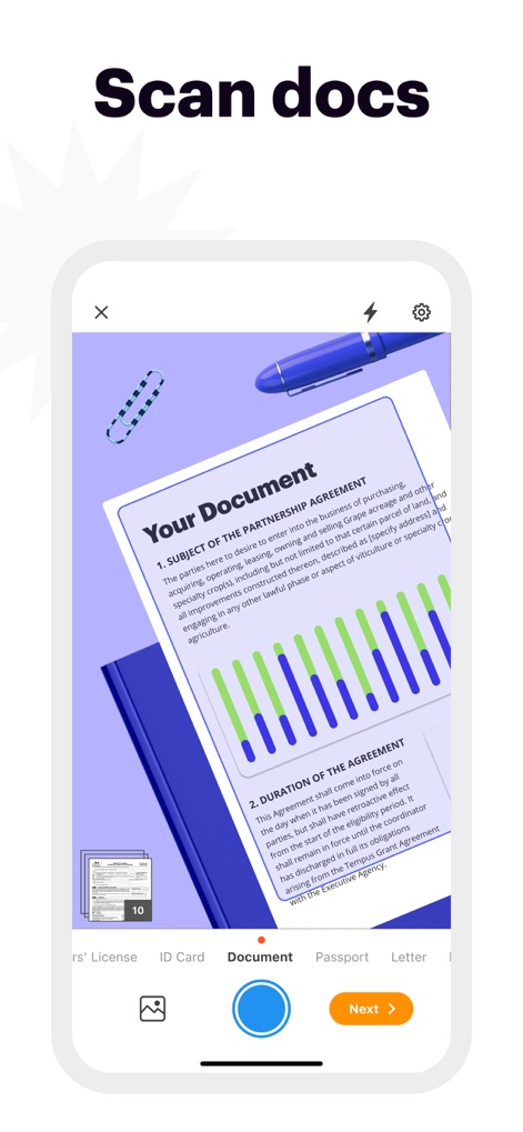 pdfFiller: edit PDF documents - The app allows users to digitize physical documents, offering options to categorize scans as "ID Card" or "Passport" for organized digital records.