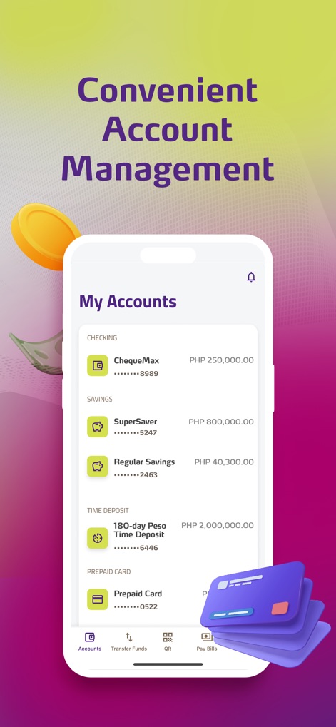 EastWest EasyWay - The 'My Accounts' screen provides a clear overview of financial holdings, displaying various account types like 'ChequeMax' and 'SuperSaver' alongside their current balances.