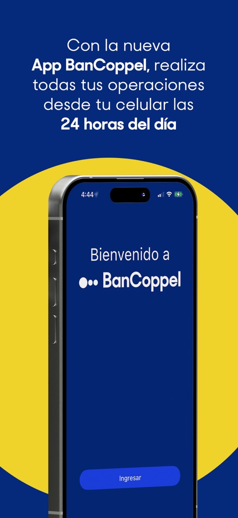 BanCoppel - The app begins with a welcoming interface, showcasing the "Bienvenido a BanCoppel" message and a prominent "Ingresar" button for immediate access.