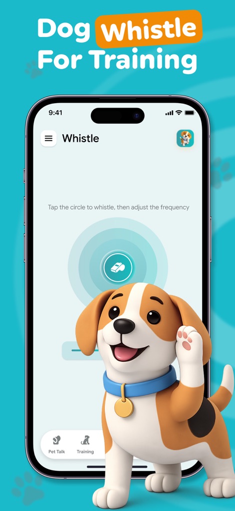 Dog Translator, Games for Dogs - La interfaz del silbato ultrasónico presenta un círculo interactivo para activar el sonido y una opción clara para ajustar su frecuencia, facilitando a los usuarios el entrenamiento y la mejora del comportamiento de su mascota, mientras el perro animado ilustra la atención canina.