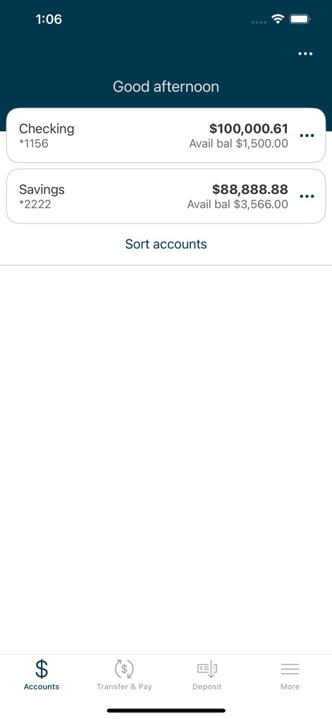 Natbank Mobile Banking - Users can quickly view their Checking and Savings account balances, benefiting from a clear numerical display and a consistent bottom navigation bar for easy access to core banking functions.